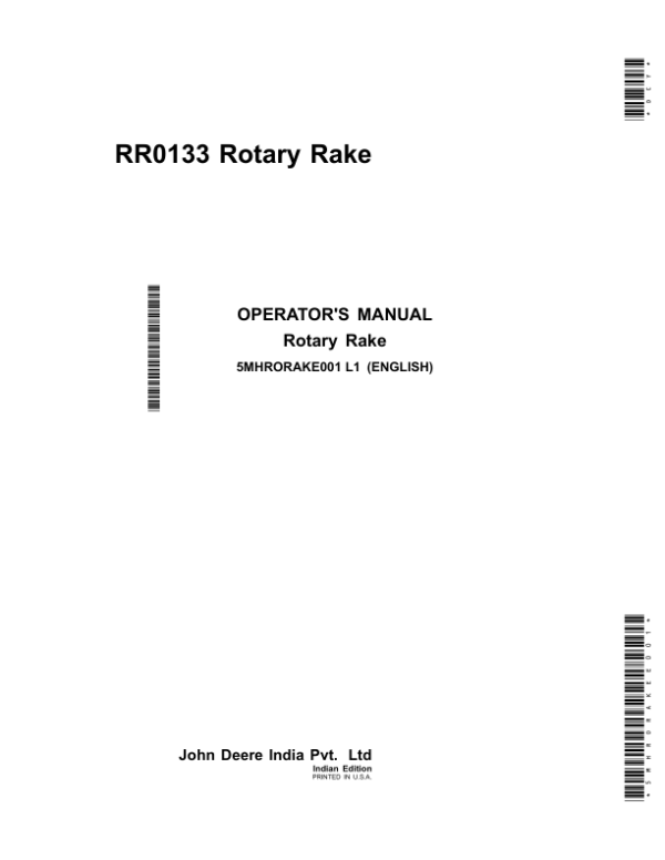 John Deere RR0133 Rotary Rake (India) Operator’s Manual (5MHRORAKE001) Workshop Guide