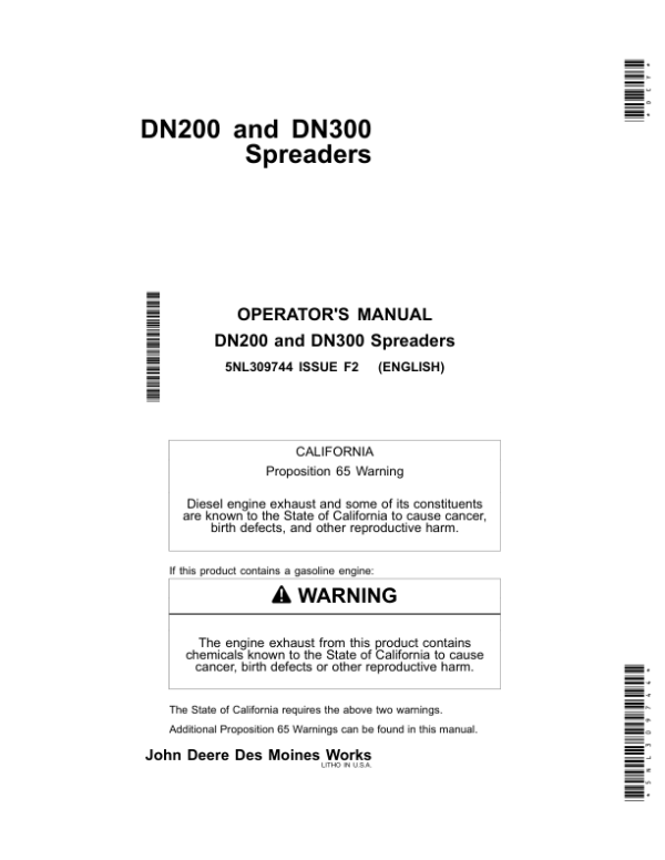 John Deere DN200 & DN300 Spreaders Operator’s Manual (5NL309744) Workshop Guide