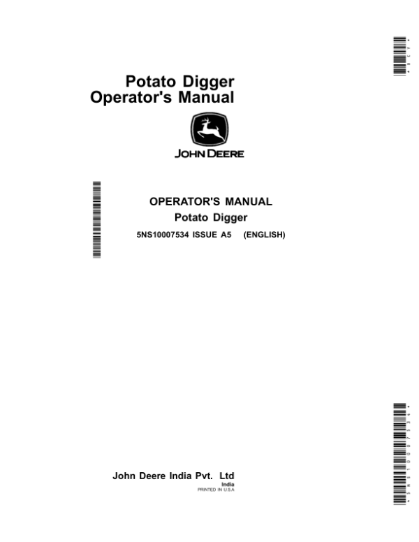 John Deere PE8005 Potato Digger Operator’s Manual (5NS10007534) Workshop Guide