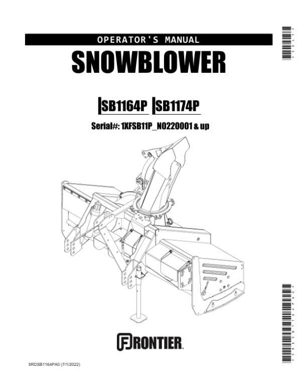 John Deere Snowblower SB1164P, SB1174P (1XFSB11P_N0220001 & up) Operator’s Manual (5RDSB1164PA0) Workshop Guide