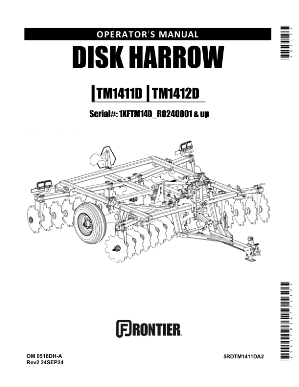 John Deere TM1411D, TM1412D Disk Harrow Operator’s Manual (5RDTM1411DA2) Workshop Guide
