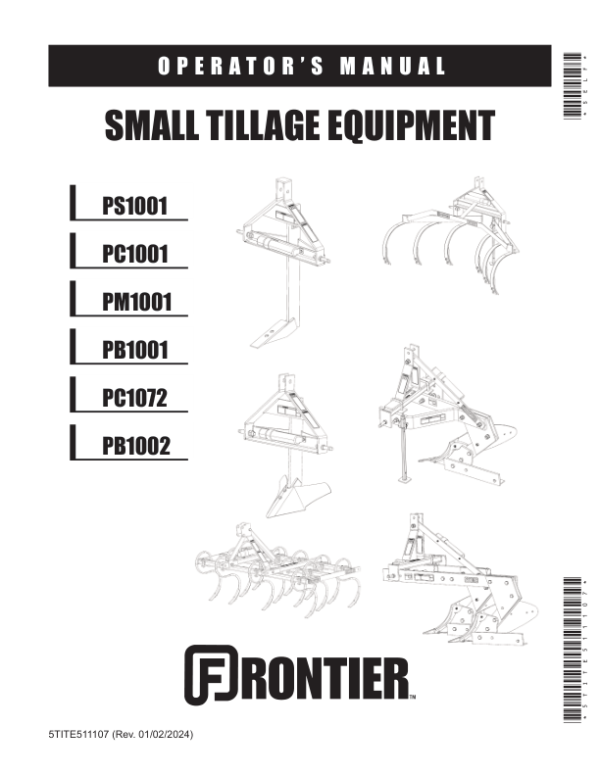 John Deere PB1001, PB1002, PC1001, PC1072, PM1001, PS1001 Small Tillage Equipment  Operator’s Manual (5TITE511107) Workshop Guide