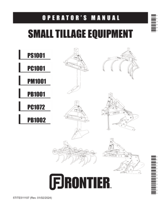John Deere PB1001, PB1002, PC1001, PC1072, PM1001, PS1001 Small Tillage Equipment  Operator’s Manual (5TITE511107) Workshop Guide