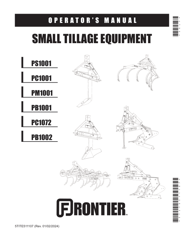 John Deere PB1001, PB1002, PC1001, PC1072, PM1001, PS1001 Small Tillage Equipment  Operator’s Manual (5TITE511107) Workshop Guide
