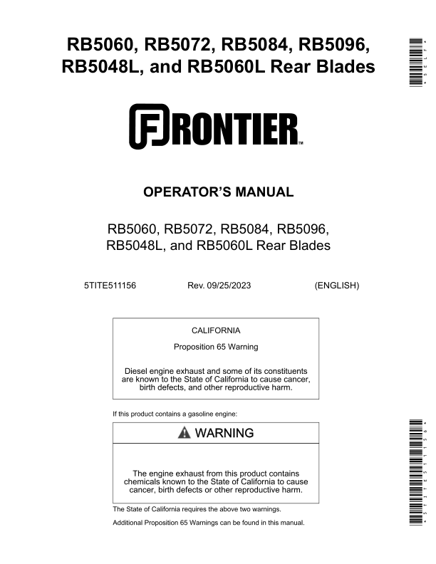 John Deere Frontier RB5060, RB5072, RB5084, RB5096, RB5048L, RB5060L Rear Blades Operator’s Manual (5TITE511156) Workshop Guide