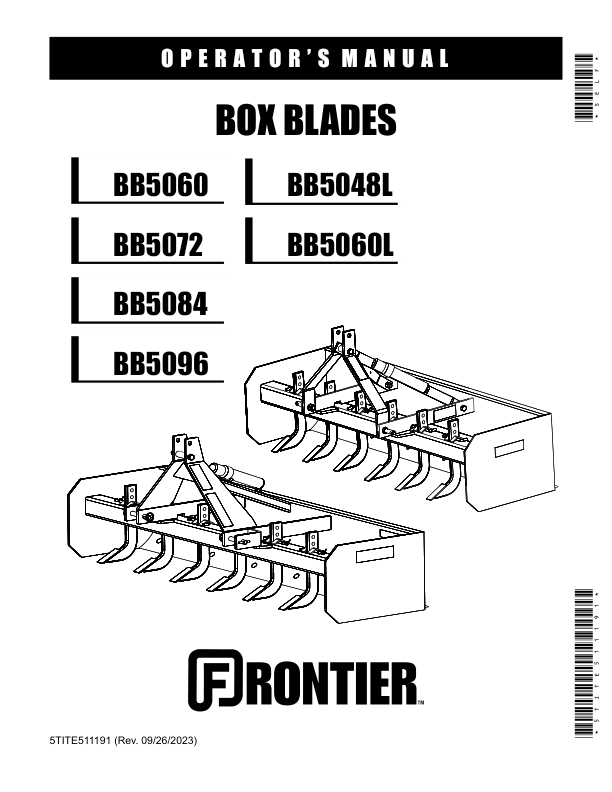John Deere Frontier Box Blades BB5048L, BB5060, BB5060L, BB5072, BB5084, BB5096 Operator’s Manual (5TITE511191) Workshop Guide