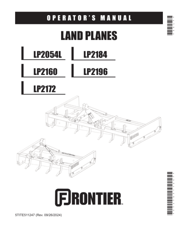 John Deere Frontier Land Planes LP2054L, LP2160, LP2172, LP2184, LP2196 Operator’s Manual (5TITE511247) Workshop Guide