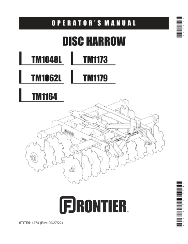 John Deere TM1048L, TM1062L, TM1164, TM1173, TM1179 Disc Harrow  Operator’s Manual (5TITE511274) Workshop Guide