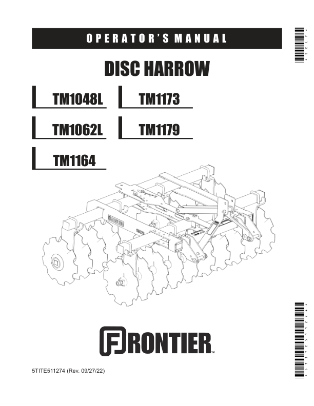 John Deere TM1048L, TM1062L, TM1164, TM1173, TM1179 Disc Harrow  Operator’s Manual (5TITE511274) Workshop Guide