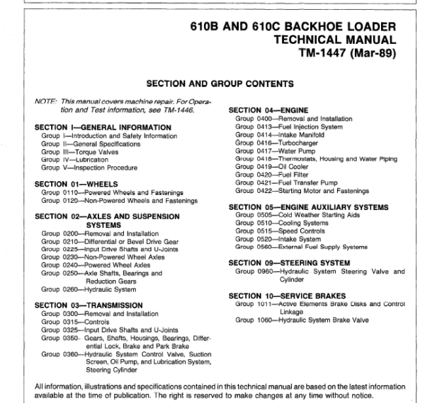 John Deere 610B, 610C Backhoe Loaders (TM1446 and TM1447) Workshop Guide