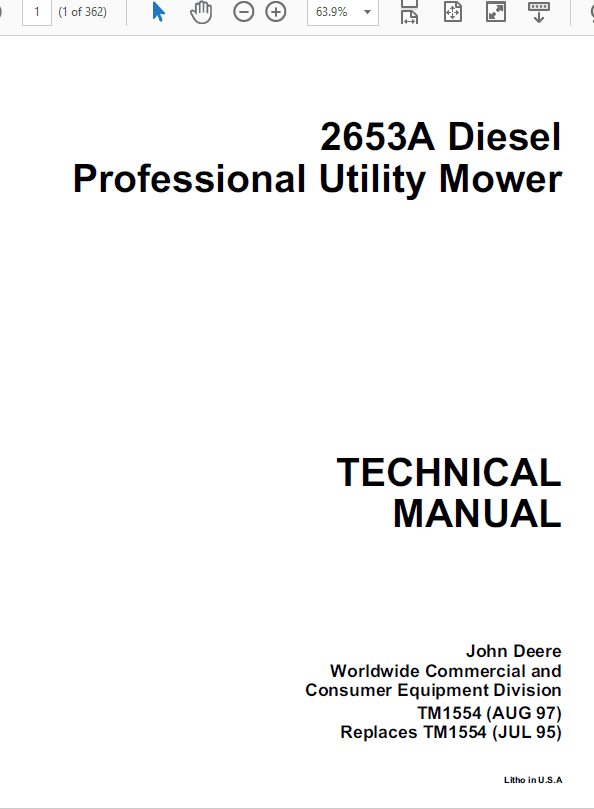 John Deere 2653, 2653A Utility Mower Repair Technical Manual Workshop Guide