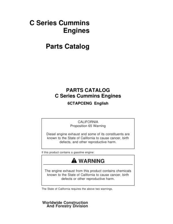John Deere 6C, 6CT, 6CTA8.3 Series Cummins Engines Parts Catalog Manual Workshop Guide