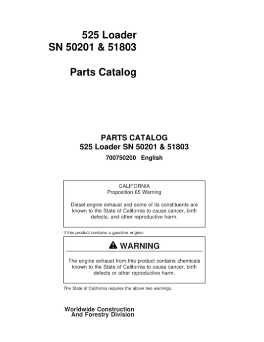 John Deere 525 Loaders (SN 50201 & 51803) Parts Catalog Manual Workshop Guide