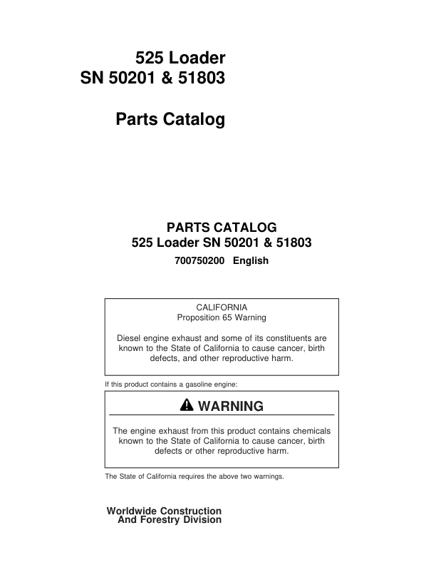 John Deere 525 Loaders (SN 50201 & 51803) Parts Catalog Manual Workshop Guide