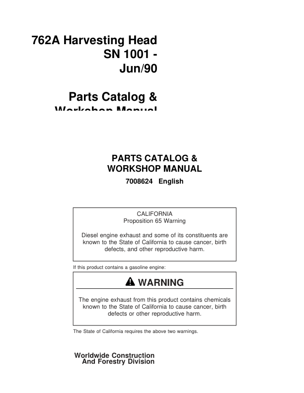 Koehring Waterous 762A Harvesting Heads (SN 1001-) Parts Catalog Manual Workshop Guide