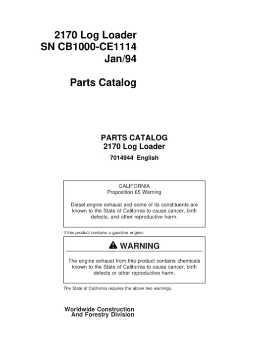 John Deere 2170 Knuckleboom Loader (SN SN CB1000-CE1114) Parts Catalog Manual – 7014944 Workshop Guide
