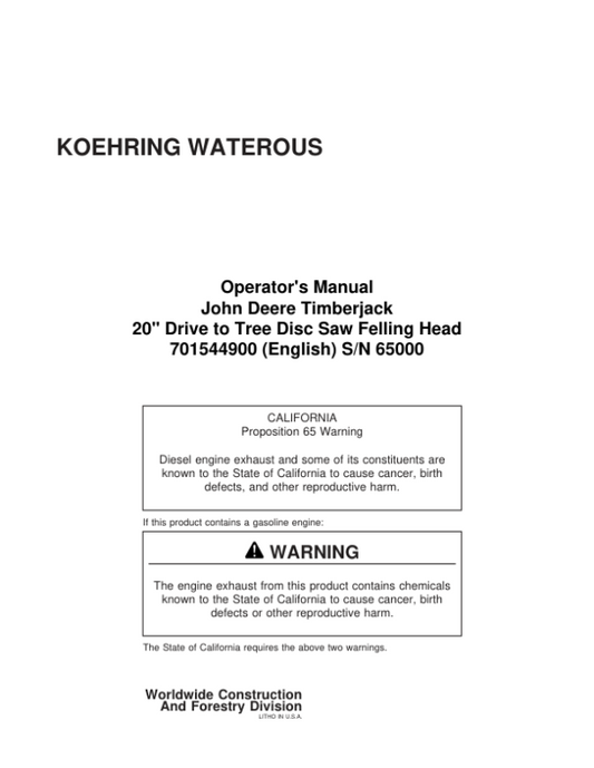 John Deere 20 INCH Dtt Disc Saw Felling Heads Operator’s Manuals (701544900) Workshop Guide