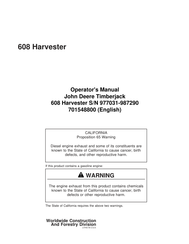 John Deere 608 Tracked Feller Bunchers Operator’s Manuals (701548800) Workshop Guide