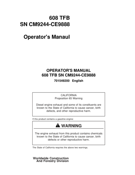 John Deere 608 Tracked Feller Bunchers Operator’s Manuals (701549200) Workshop Guide