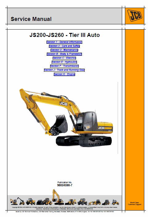 JCB JS200, JS220, JS235, JS240, JS260 Tier 3 Excavator Service Manual Workshop Guide