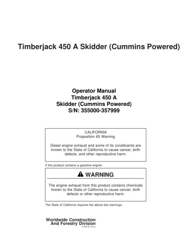 John Deere 450A Skidders Operator’s Manuals (8044610) Workshop Guide
