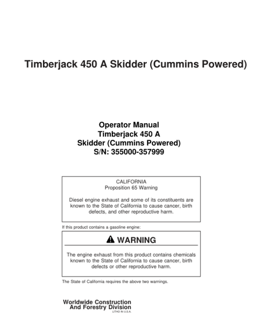 John Deere 450A Skidders Operator’s Manuals (8044610) Workshop Guide