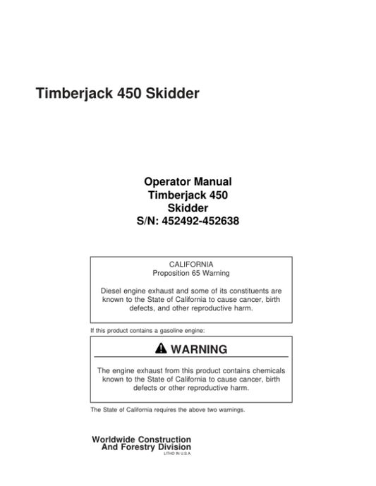 John Deere 450A Skidders Operator’s Manuals (8044710) Workshop Guide