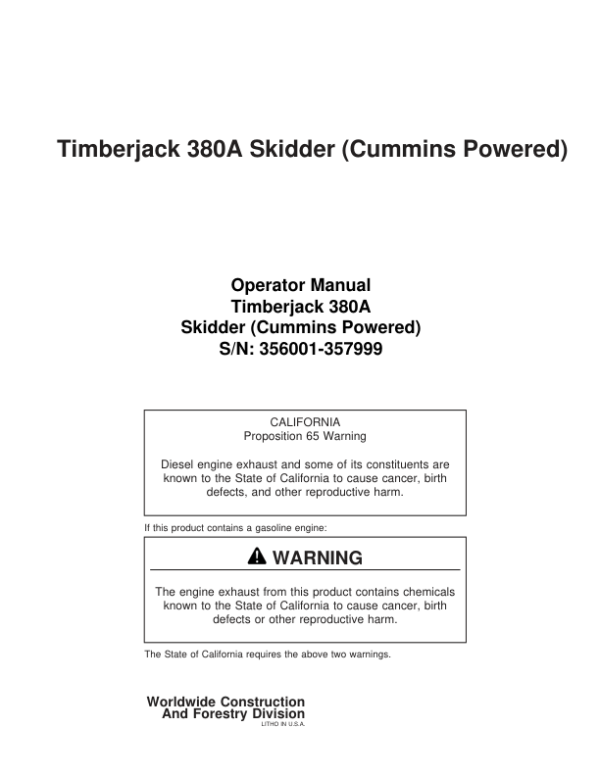 John Deere 380A Skidders Operator’s Manuals (8044811) Workshop Guide