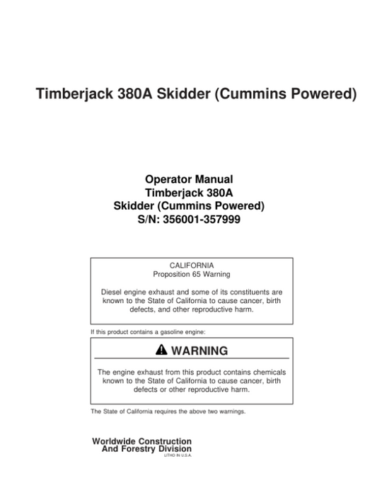 John Deere 380A Skidders Operator’s Manuals (8044811) Workshop Guide