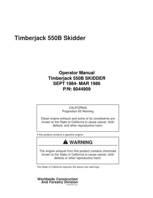 John Deere 550B Skidders Operator’s Manuals (8044909) Workshop Guide