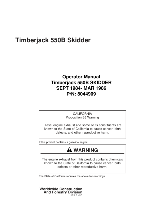 John Deere 550B Skidders Operator’s Manuals (8044909) Workshop Guide