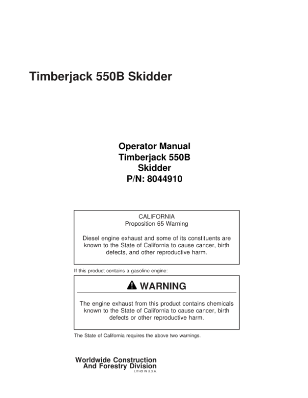John Deere 550B Skidders Operator’s Manuals (8044910) Workshop Guide