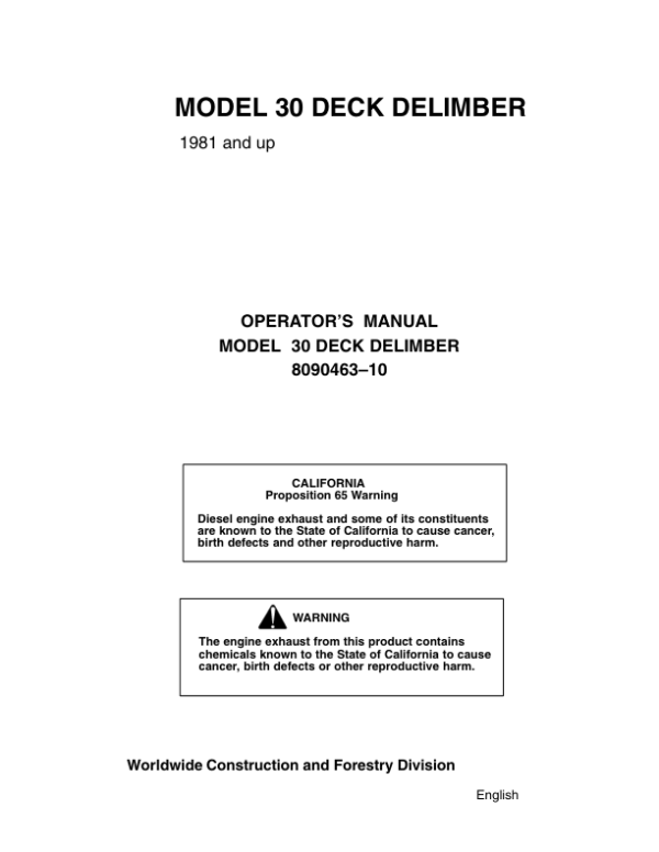 John Deere TJ30 Delimbers Operator’s Manuals (8090463) Workshop Guide