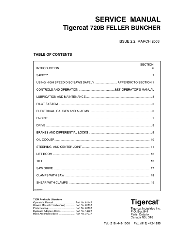 Tigercat 720B Feller Buncher Repair Service Manual (SN 7202001 – 7202999)