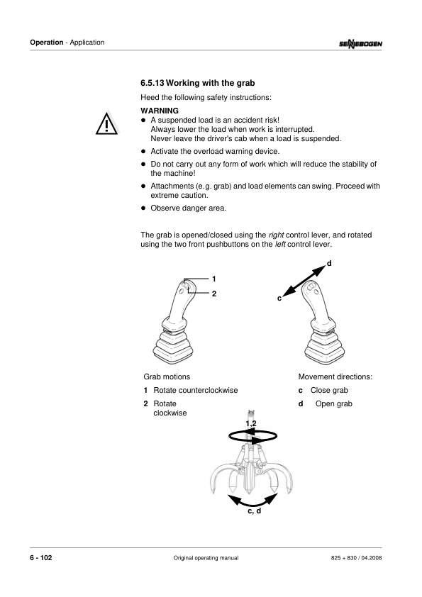 Sennebogen 825.0.1309 Operators, Maintenance and Parts Manual Workshop Guide