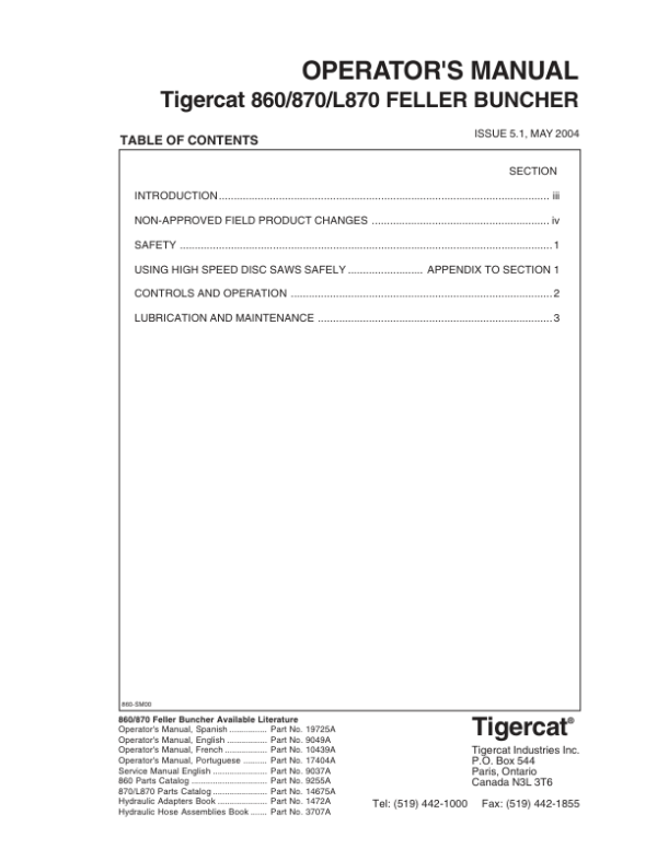 Tigercat 860, 870, L870 Feller Buncher Repair Service Manual