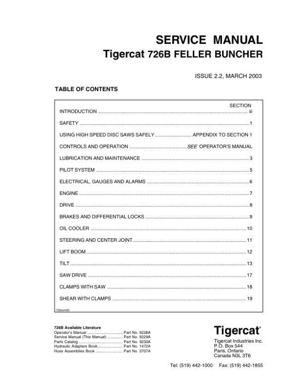Tigercat 726B Feller Buncher Repair Service Manual (SN 7261001 – 7261999)