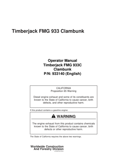 John Deere 933C Clambunk Operator’s Manuals (933102) Workshop Guide