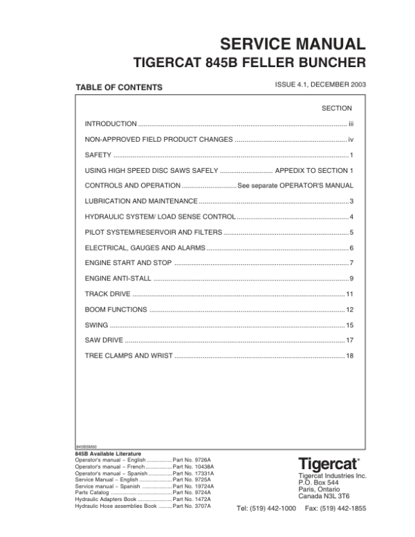 Tigercat 845B Feller Buncher Repair Service Manual (SN 8450501 – 8451499)
