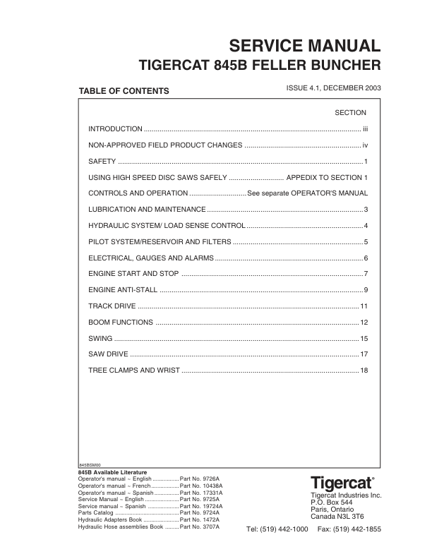 Tigercat 845B Feller Buncher Repair Service Manual (SN 8450501 – 8451499)
