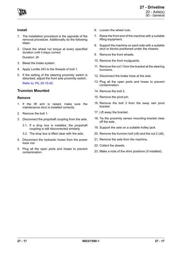 JCB SD70, SD80 Steer Drive Axles Service Repair Manual