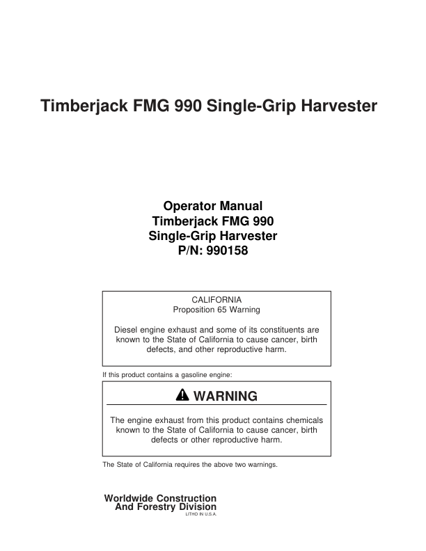 John Deere 990 Wheeled Harvesters Operator’s Manuals (9900158) Workshop Guide