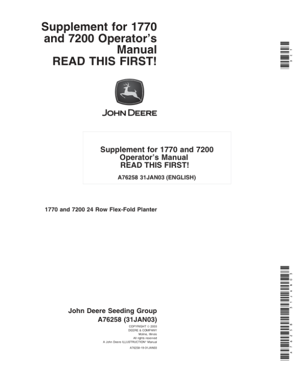 John Deere 1770, 7200 Planters (24R) Supplement for OMA72771 & OMA54952 Operator’s Manual (A76258) Workshop Guide