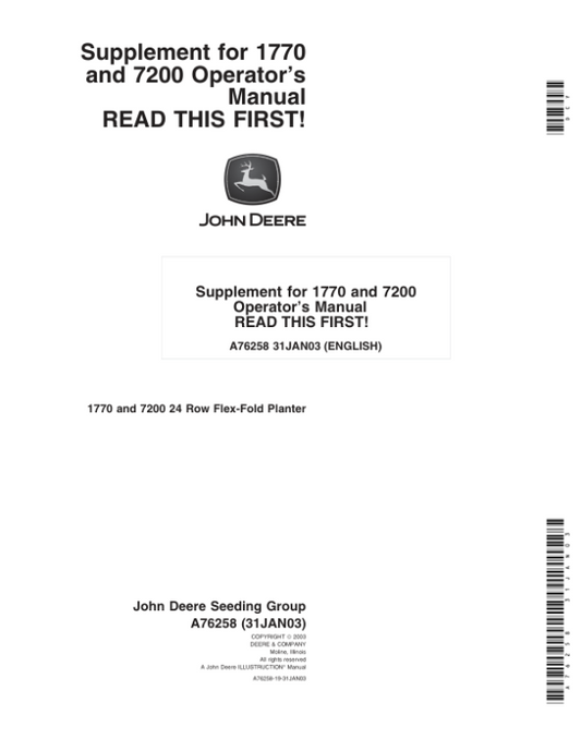 John Deere 1770, 7200 Planters (24R) Supplement for OMA72771 & OMA54952 Operator’s Manual (A76258) Workshop Guide