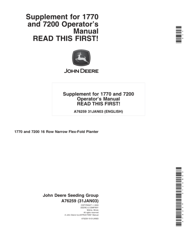 John Deere 1770, 7200 Planters (16RN) Supplement for OMA69688 & OMA54950 Operator’s Manual (A76259) Workshop Guide
