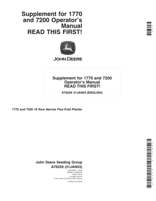 John Deere 1770, 7200 Planters (16RN) Supplement for OMA69688 & OMA54950 Operator’s Manual (A76259) Workshop Guide