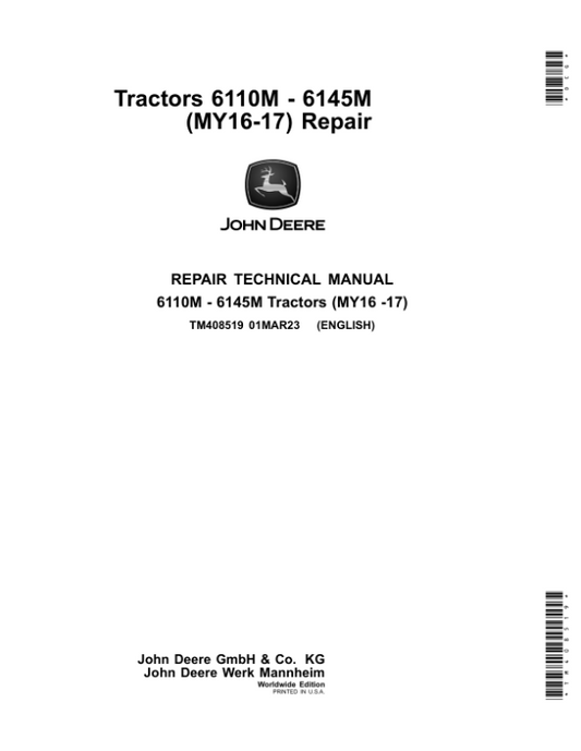John Deere 6110M, 6120M, 6125M, 6130M, 6135M, 6140M, 6145M Tractors Repair Manual Workshop Guide