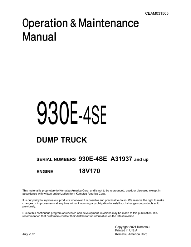 Komatsu 930E-4SE Dump Truck Service Repair Manual Workshop Guide