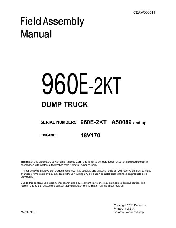 Komatsu 960E-2K Dump Truck Service Repair Manual Workshop Guide