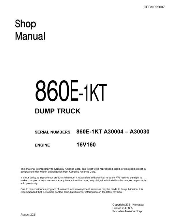 Komatsu 860E-1K Dump Truck Service Repair Manual Workshop Guide